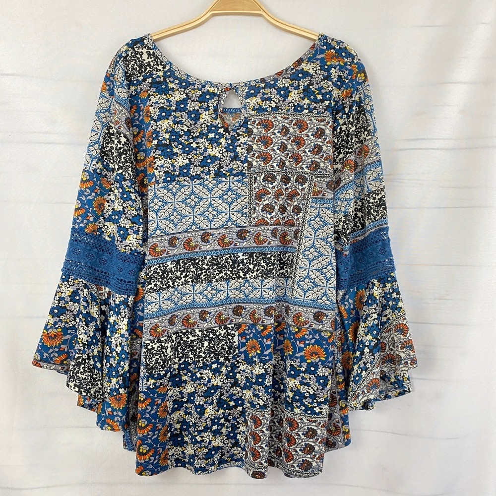 Roommates Boho Patchwork Floral Blouse Women 2x B… - image 3